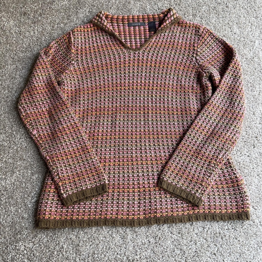 Liz Claiborne Sweater Womens M Multicolor Geometric Knit V Neck Long Sleeve